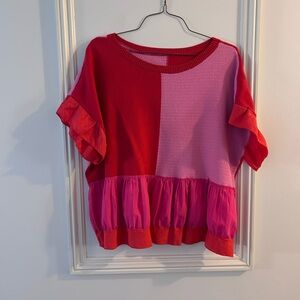 Colorblock Pink & Red Ruffle Sleeve Women’s Top